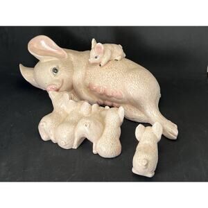 Vintage 1980s Hobbyist Handmade Ceramic Mother Pig w 6 Suckling Piglets